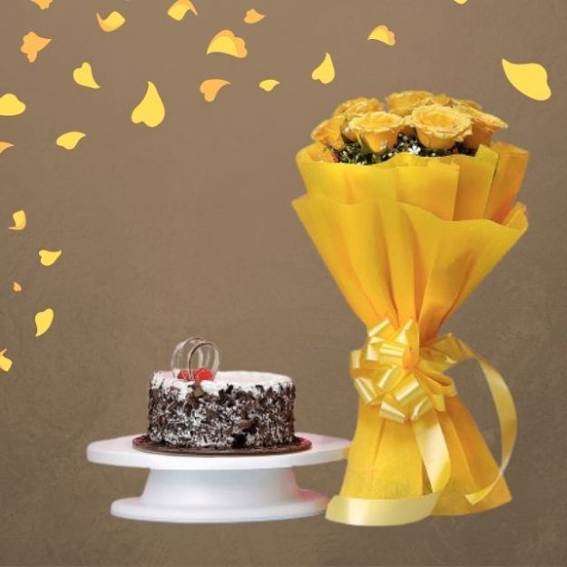 Buy Lip-smacking Black forest Cake Online | Black Forest Cake with Yellow  Roses - To Near Me